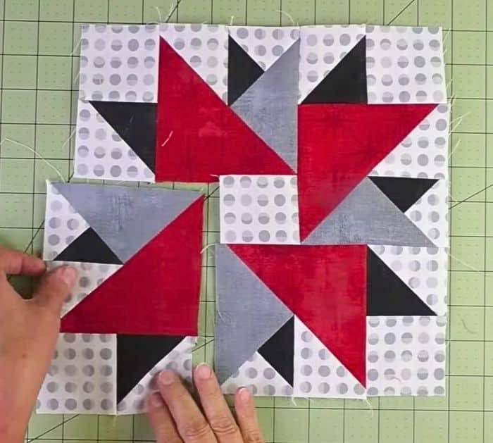 How to make a double aster quilt block, half square triangles pieced with background fabric before assembly