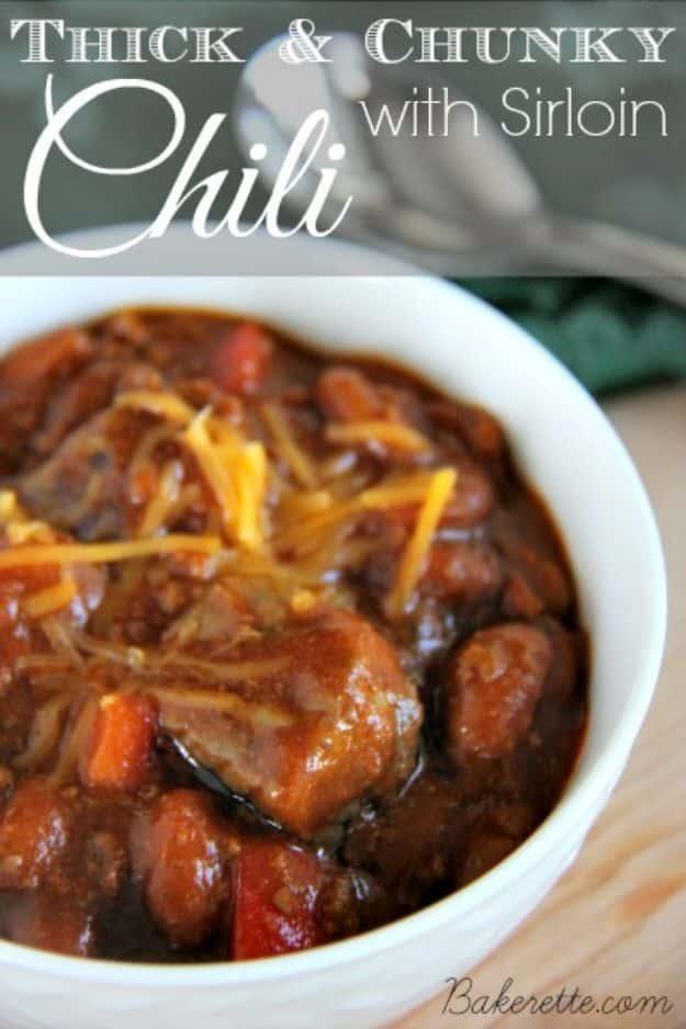 Graphic reading THICK & CHUNKY Chili with Sirloin above a white bowl of beef chili and shredded cheddar