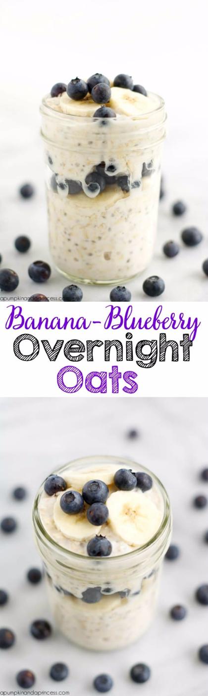 Banana blueberry overnight oats in a jar with sliced banana and fresh blueberries layered over soaked oats