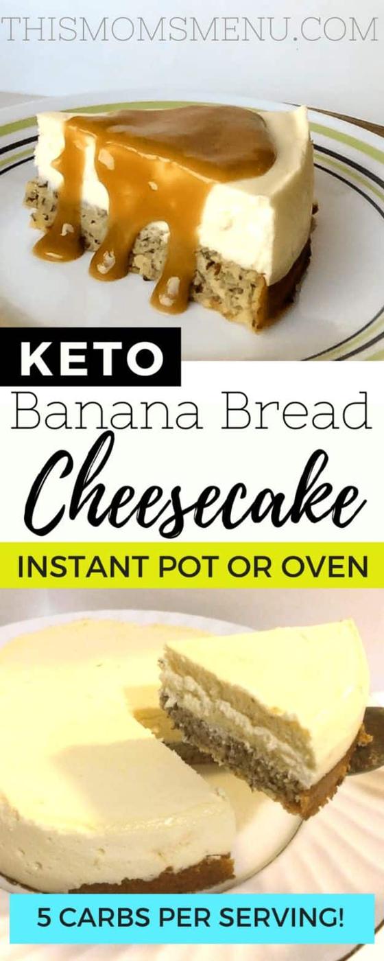 Keto banana bread bottom cheesecake slice with caramel topping, shown in two photos with a carbs label