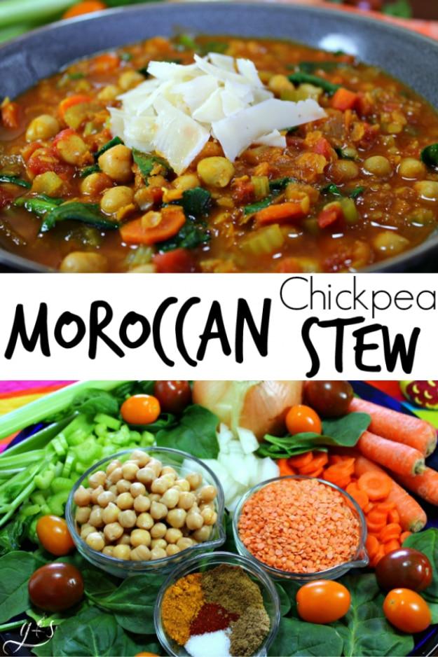 Vegetarian Moroccan chickpea stew with red lentils, carrots, celery and spinach in a savory broth ready to serve at home