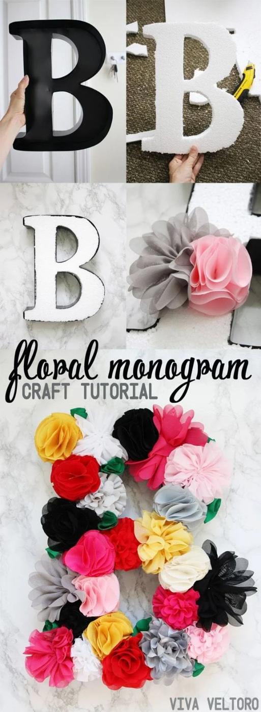 Letter monogram covered in faux flowers for a statement wall piece that beginners can still pull off