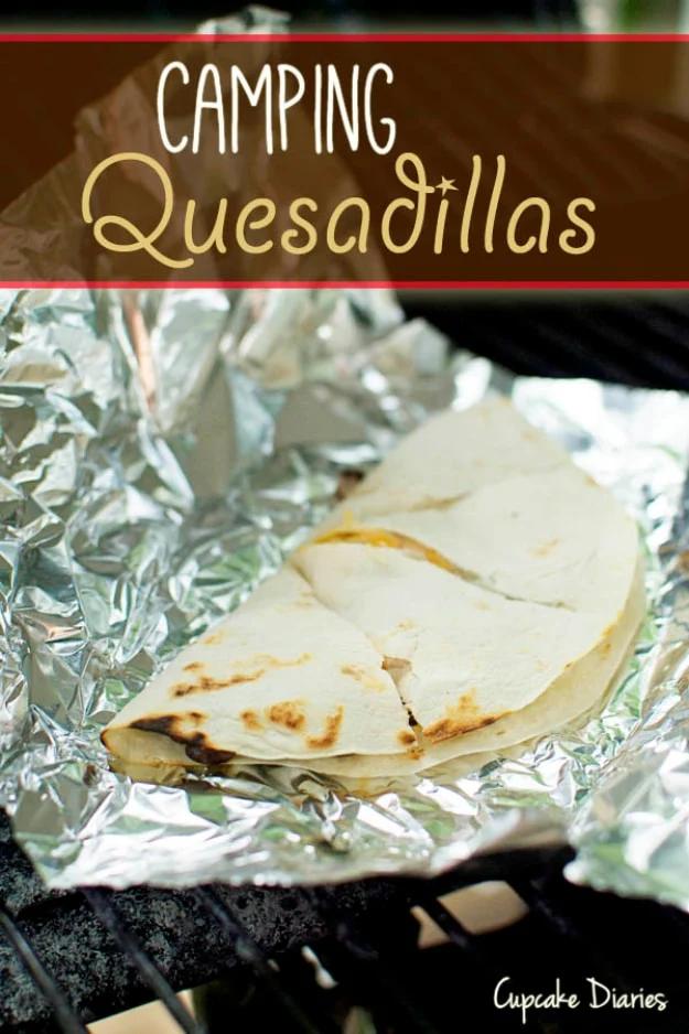 Camping quesadillas grilled in foil over the fire for a quick cheesy campfire dinner or afternoon snack