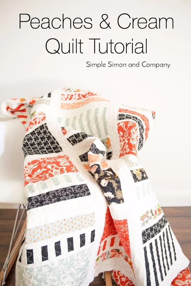Peaches and cream quilt title graphic, coral, black and mint print bands with cream sashing draped on a chair