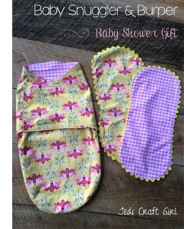 Yellow floral velcro baby swaddler beside two matching gingham burp cloths edged in yellow ric rac trim