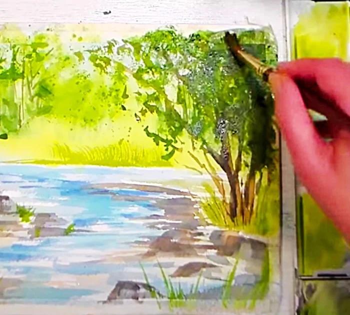 Use A Sponge To Smudge Watercolor Trees In a Summer Landscape