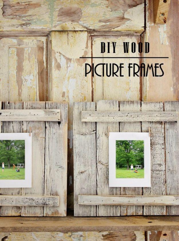A chunky pine frame with the wood grain showing sits on a mantel, a family photo behind its glass front