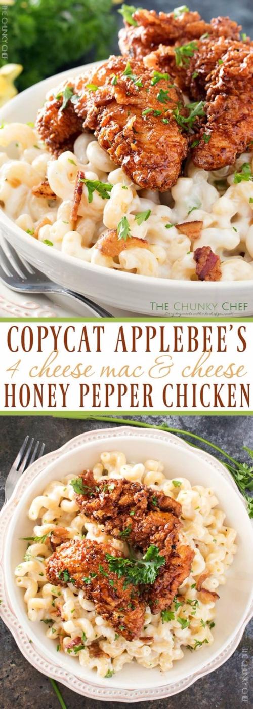 Copycat Applebee's four cheese mac and cheese topped with honey pepper chicken tenders and crumbled bacon