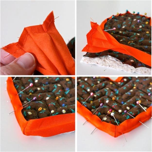 Four photos of orange bias tape being pinned around the edge of a brown quilted heart shaped hot pad
