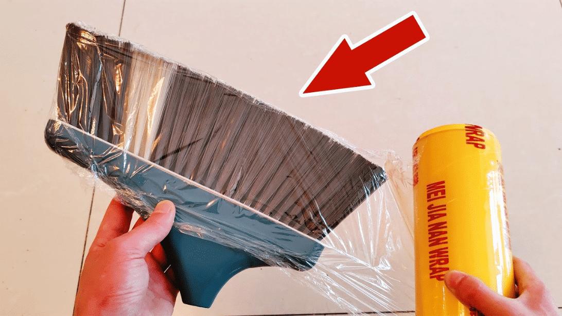 Easy Broom Plastic Wrap Cleaning Hack