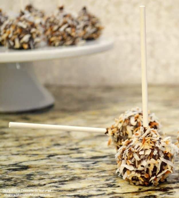German chocolate cake pops made with coconut pecan frosting and dipped in milk chocolate candy melts
