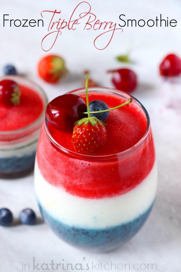 Triple berry frozen smoothies layered like a firework for a cooling Fourth of July treat for the whole family