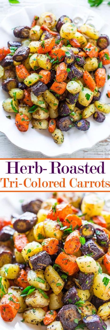 Herb roasted tri colored carrots, purple orange and yellow carrot pieces caramelized on a serving plate