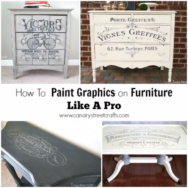 Paint graphics on furniture, a gray dresser and a cream dresser with black French typography across the drawer fronts