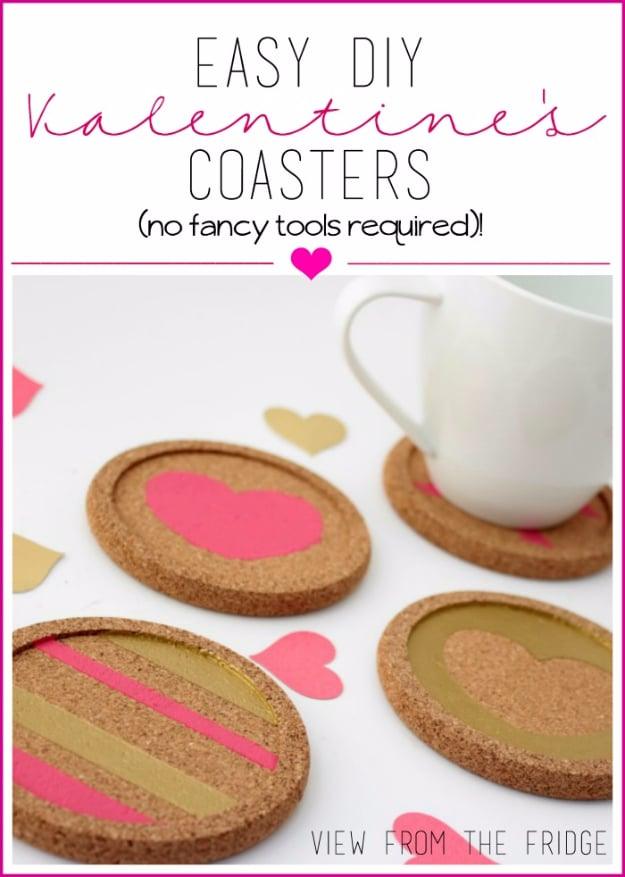 Set of handmade Valentine coasters made from tiles topped with pink and red paper and sealed glossy idea for February 14
