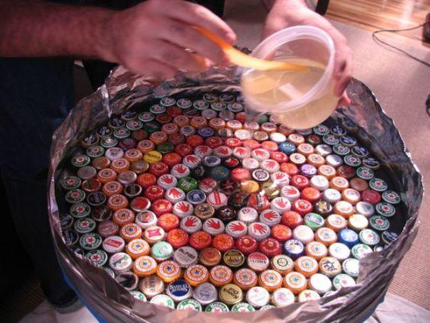 Bottle Cap Table Poured Resin, a resin craft idea, simple enough for a first try and a satisfying finish for not much work