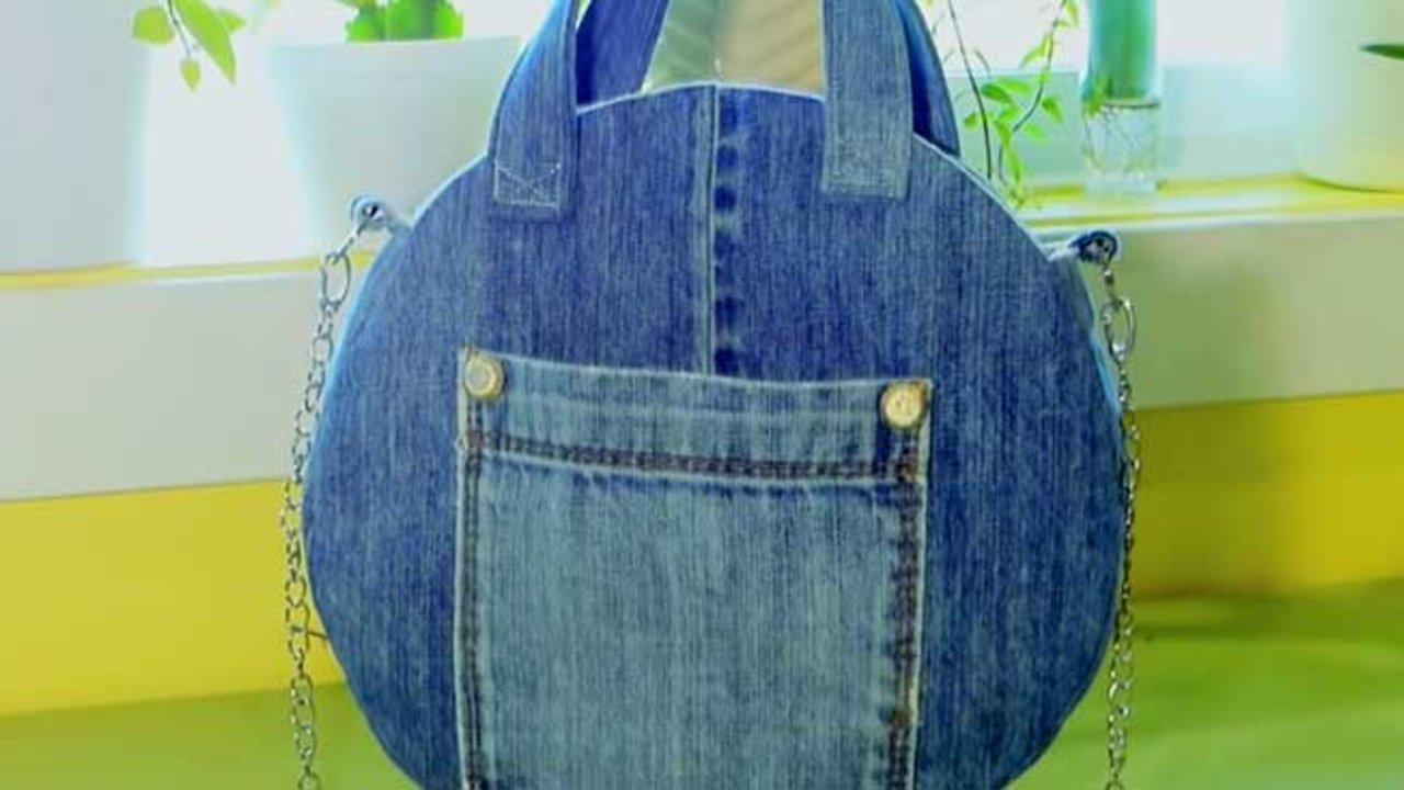 Round Handbag Made From Old Blue Jeans