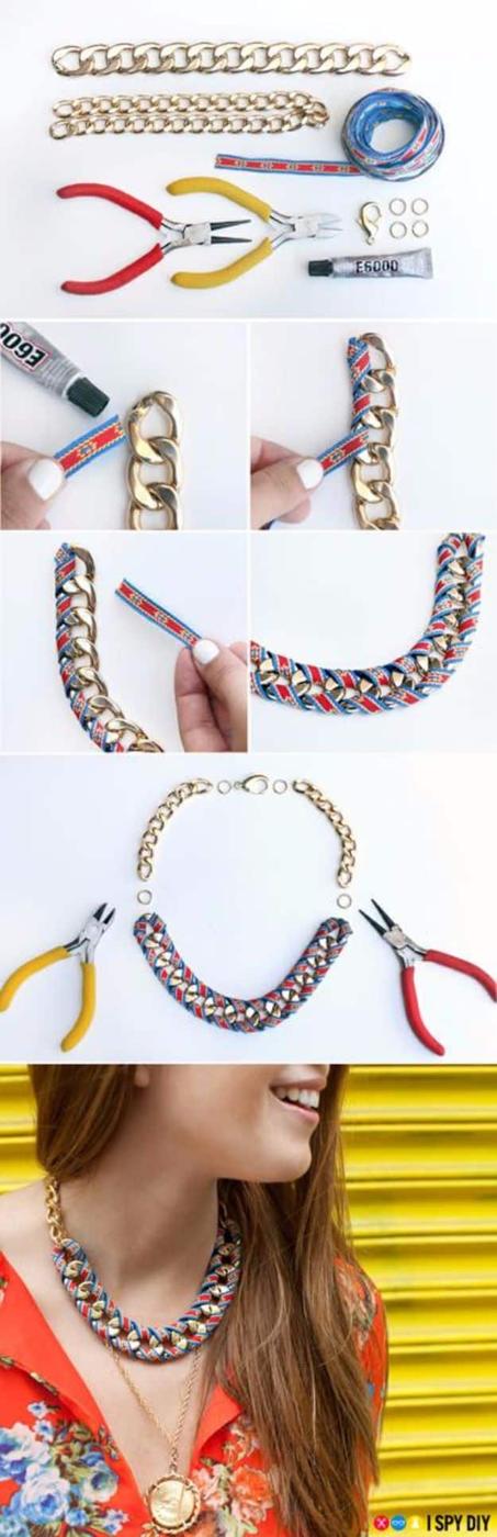 Ribbon wrap chain necklace, a gold curb chain woven with printed fabric strips shown in a step by step photo collage