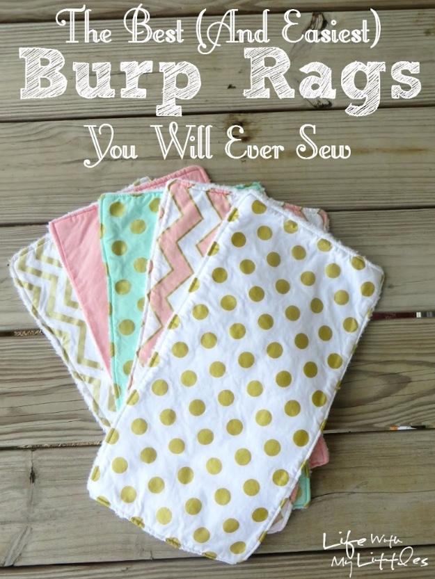 Five gold dot, chevron and pink burp rags fanned on weathered wood under a typeset best and easiest title