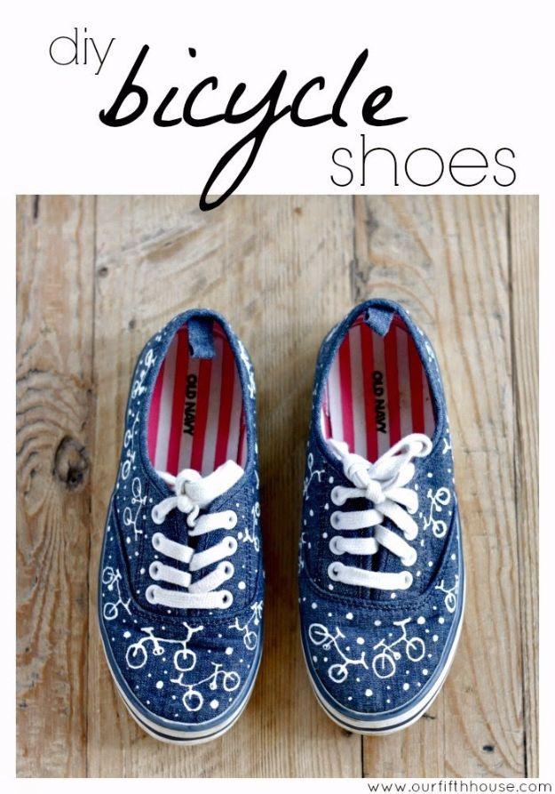 DIY Bicycle Print Shoes, a custom painted design, a fast weekend build even for a novice and a detail guests always ask about