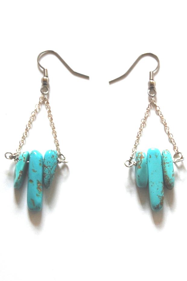 Turquoise spike drop earrings, three blue stone spikes hung on fine silver chain triangles on a white background