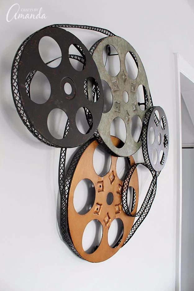 DIY Media Room Ideas - Metal Movie Reel Wall Art - Do It Yourslef TV Consoles, Wall Art, Sofas and Seating, Chairs, TV Stands, Remote Holders and Shelving Tutorials - Creative Furn
