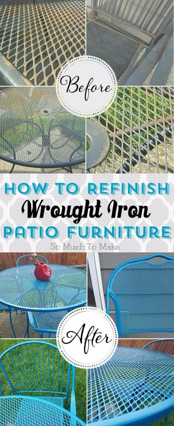 How to Refinish Wrought Iron Patio Furniture graphic, flaking green before and bright blue after on a green lawn