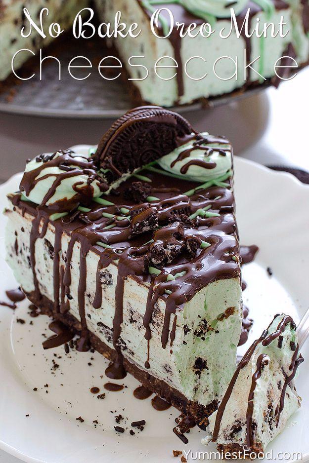 Typeset graphic titled No Bake Oreo Mint Cheesecake, a pale green slice topped with a whole Oreo and a mint leaf