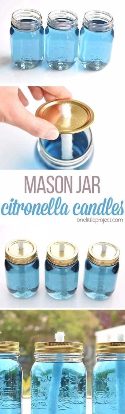 Five panel graphic of blue tinted citronella jars, a hand fitting a gold lid and finished jars on a table
