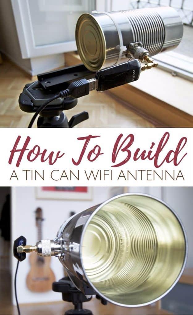 Two panel graphic reading How To Build A Tin Can Wifi Antenna showing a can mounted on a tripod adapter