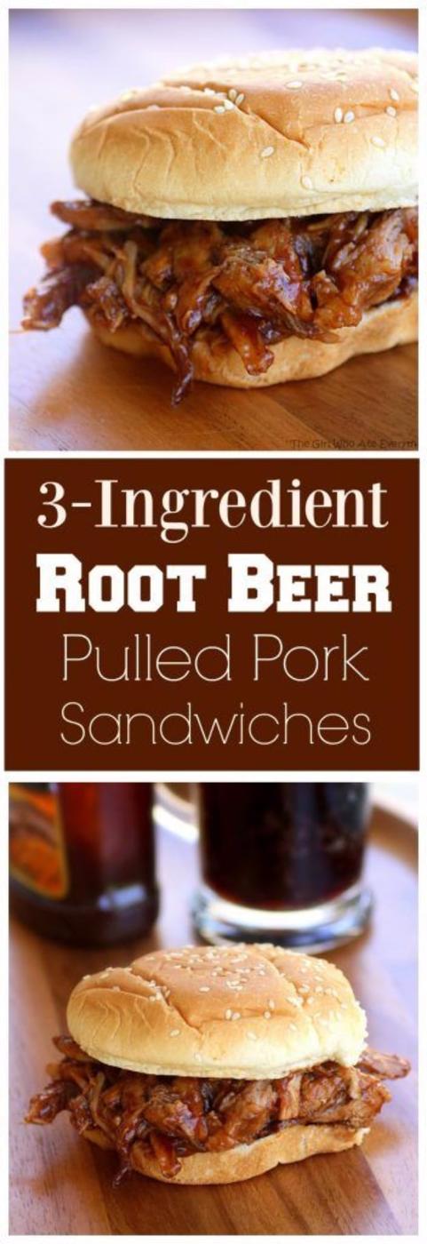 Root beer pulled pork piled onto a soft bun with barbecue sauce, an easy 3 ingredient slow cooker recipe