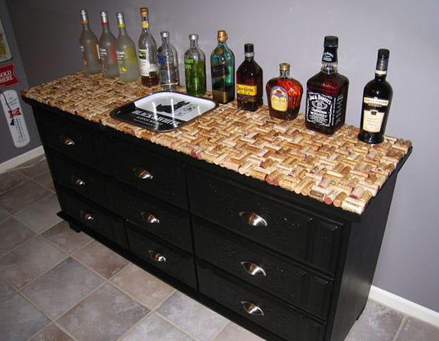DIY Wine Cork Crafts & Homemade Bar Decor - Wine Cork Dresser Top Bar - DIY Projects & Crafts by Sueeye #crafts