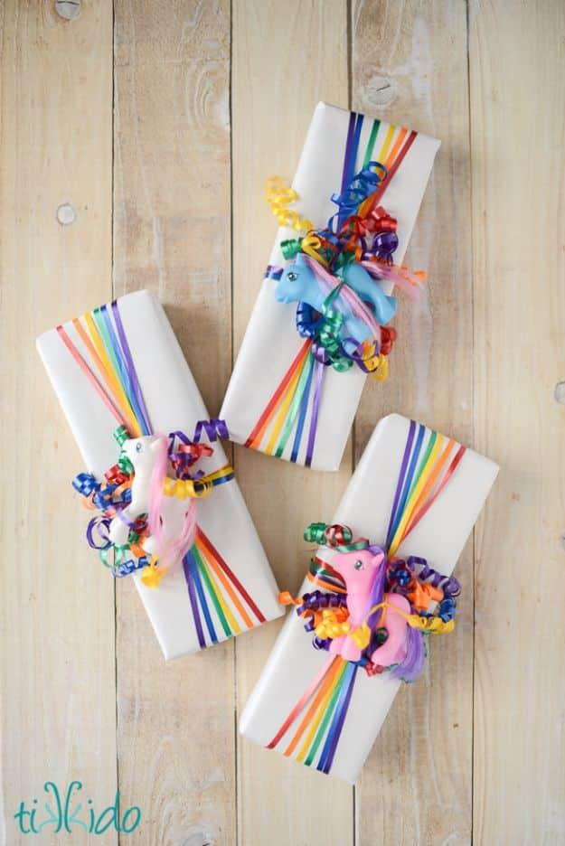 Easy Rainbow Ribbon Gift Wrap, low effort but it never looks that way and a present that costs little but reads as generous