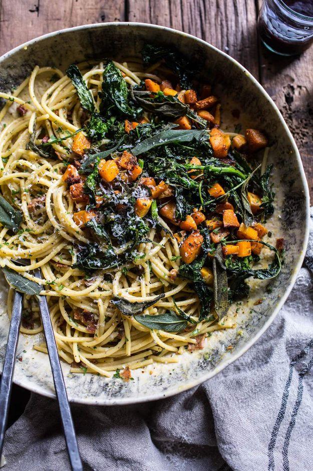 Squash carbonara with broccoli rabe and sage, bucatini with roasted butternut cubes and dark greens in a pan