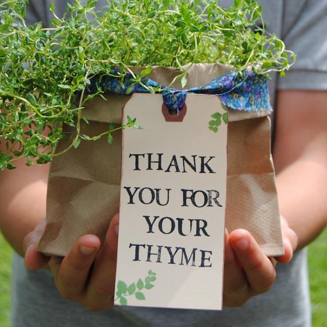 Potted thyme plant wrapped in a folded brown paper bag with a blue fabric tie and a stamped kraft gift tag