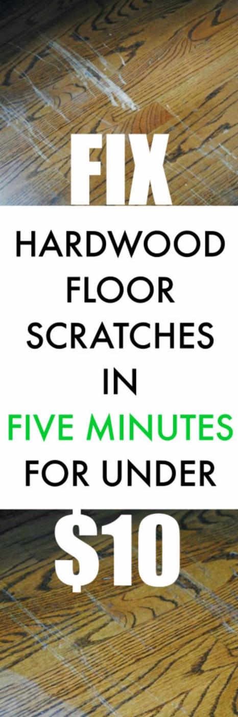 DIY home repair: two panels of scratched oak flooring under a typeset fix it in five minutes for under $10 title
