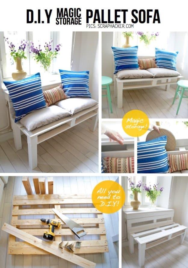 DIY Pallet Furniture Ideas - DIY Magic Storage Pallet Sofa - Best Do It Yourself Projects Made With Wooden Pallets - Indoor and Outdoor, Bedroom, Living Room, Patio. Coffee Table,
