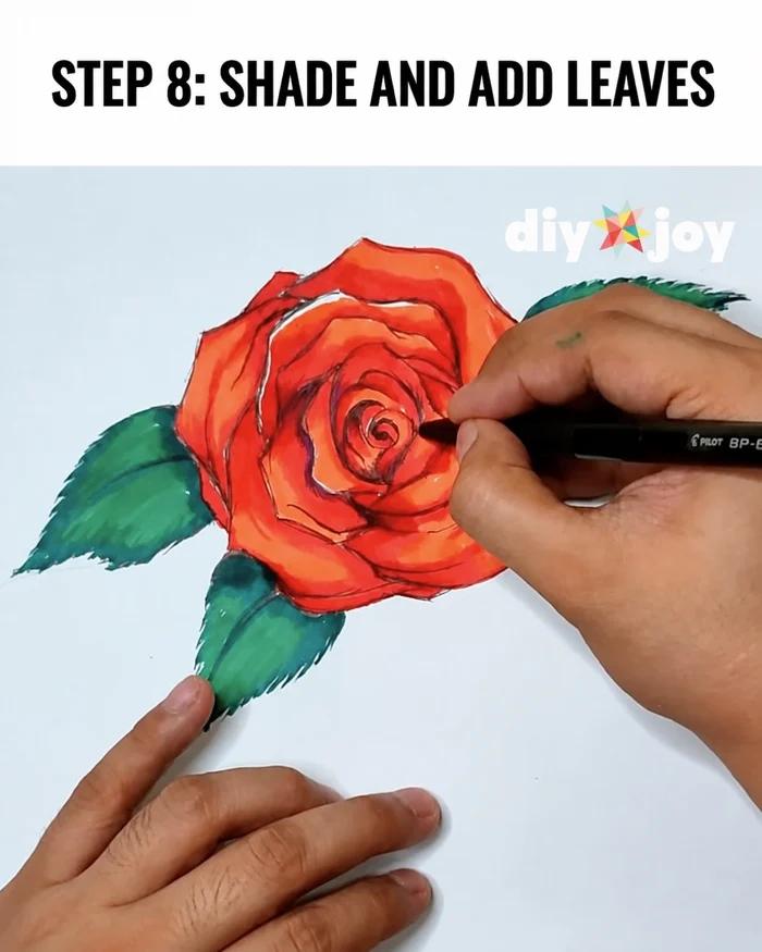 Easy rose drawing - finished red rose with green leaves colored with markers