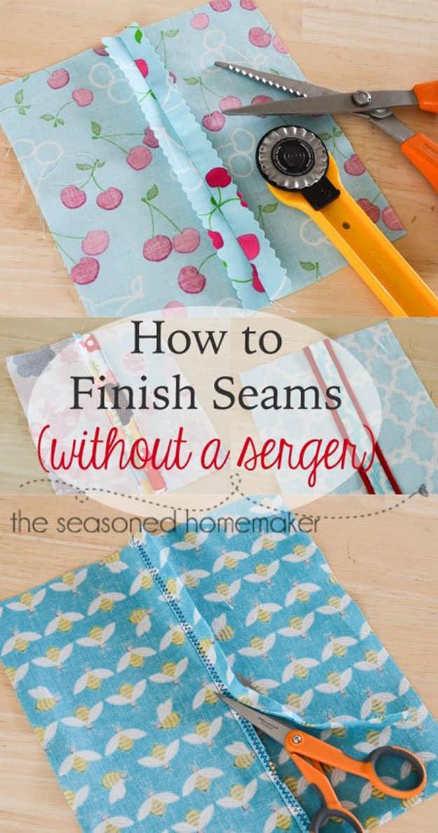 Finish seams without a serger, cherry print and blue fabric scraps with a rotary cutter and pinking shears on a white surface