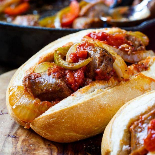 Italian sausage and peppers with sliced sausage, red and green peppers and sweet onions in tomato sauce