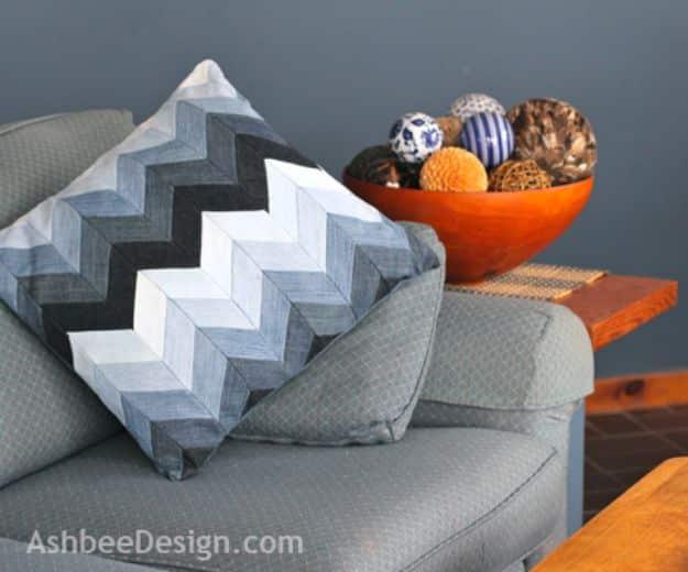 Blue Jean Upcycles - Chevron Pillow from Beloved Old Jeans - Ways to Make Old Denim Jeans Into DIY Home Decor, Handmade Gifts and Creative Fashion - Transform Old Blue Jeans into P
