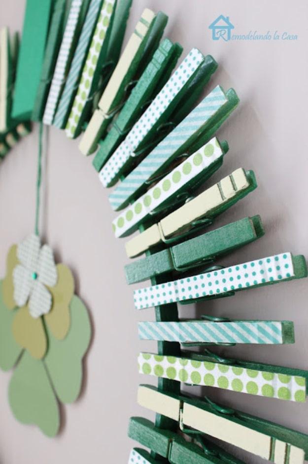 DIY St Patricks Day Ideas - Clothespin Wreath - Food and Best Recipes, Decorations and Home Decor, Party Ideas - Cupcakes, Drinks, Festive St Patrick Day Parties With these Easy, Q