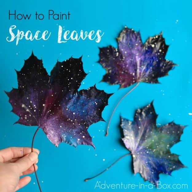 Pin graphic reading How to Paint Space Leaves, three maple leaves painted dark purple and blue with white star specks