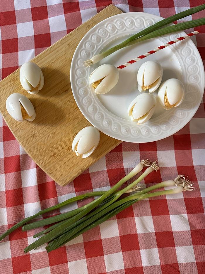 How to make a deviled egg bouquet — straw green onion stuffedd egg flowers