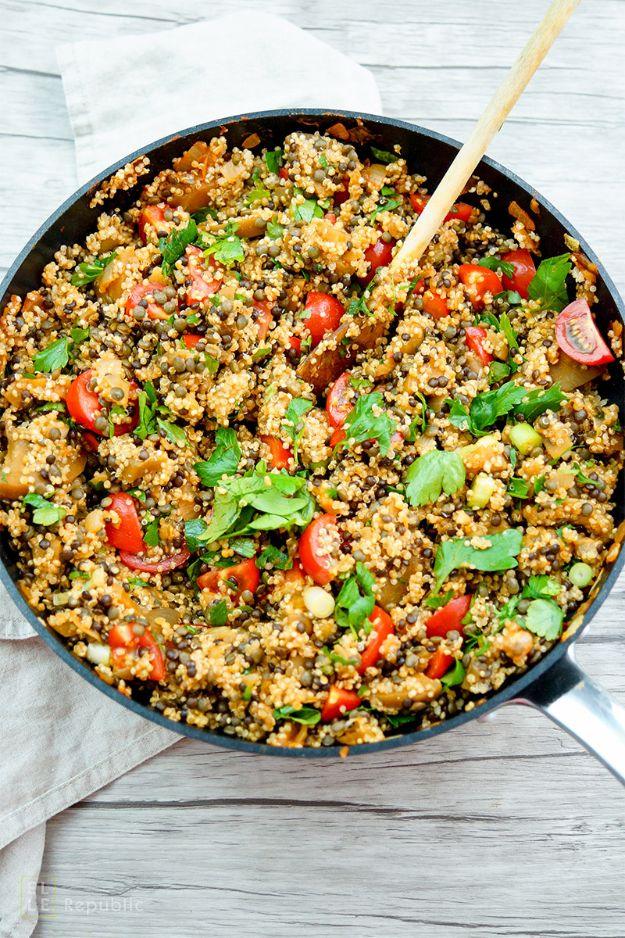 Lentil Quinoa Salad With Eggplant, simple to prep ahead for a crowd and comfort that beats anything from a takeout bag