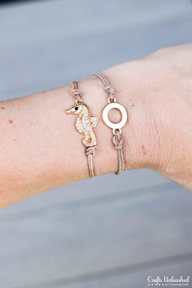 Three waxed cord bracelets with sliding knots and tiny charms, stacked up one arm, personalized to any wrist