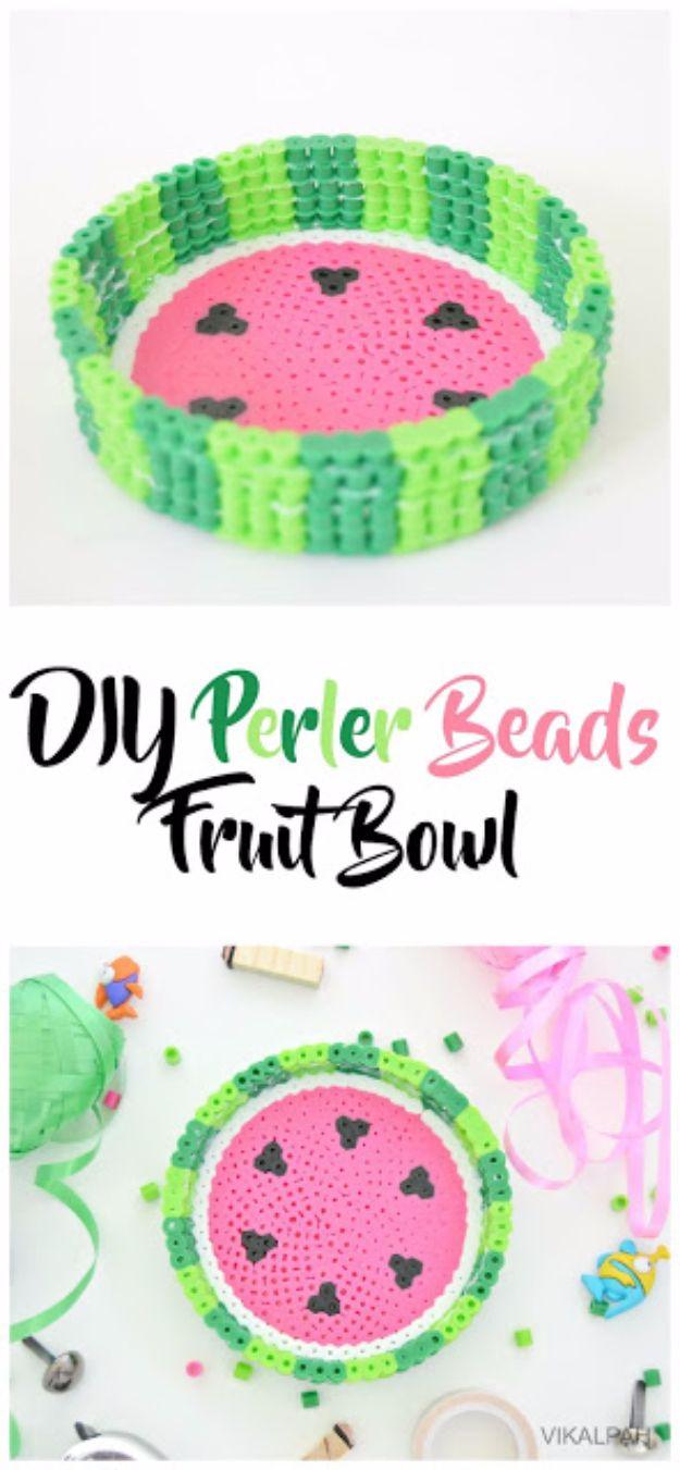 Fruit shaped perler bead bowl crafted in vibrant colors, a playful bead craft that is also fully functional