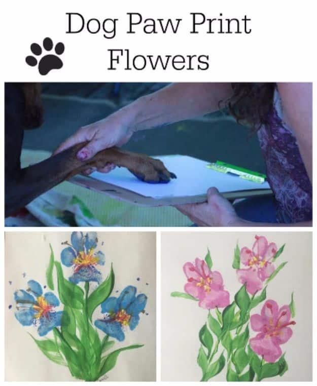 Collage titled Dog Paw Print Flowers over a paw being pressed onto paper and two paintings of paw print blooms