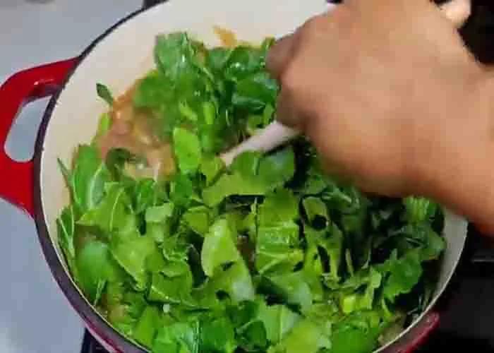 Cooking the gumbo collard greens