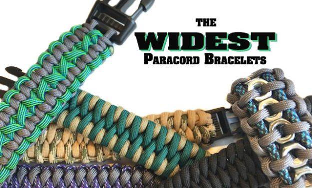 Pin graphic reading The Widest Paracord Bracelets over several broad multicolored paracord cuff weaves